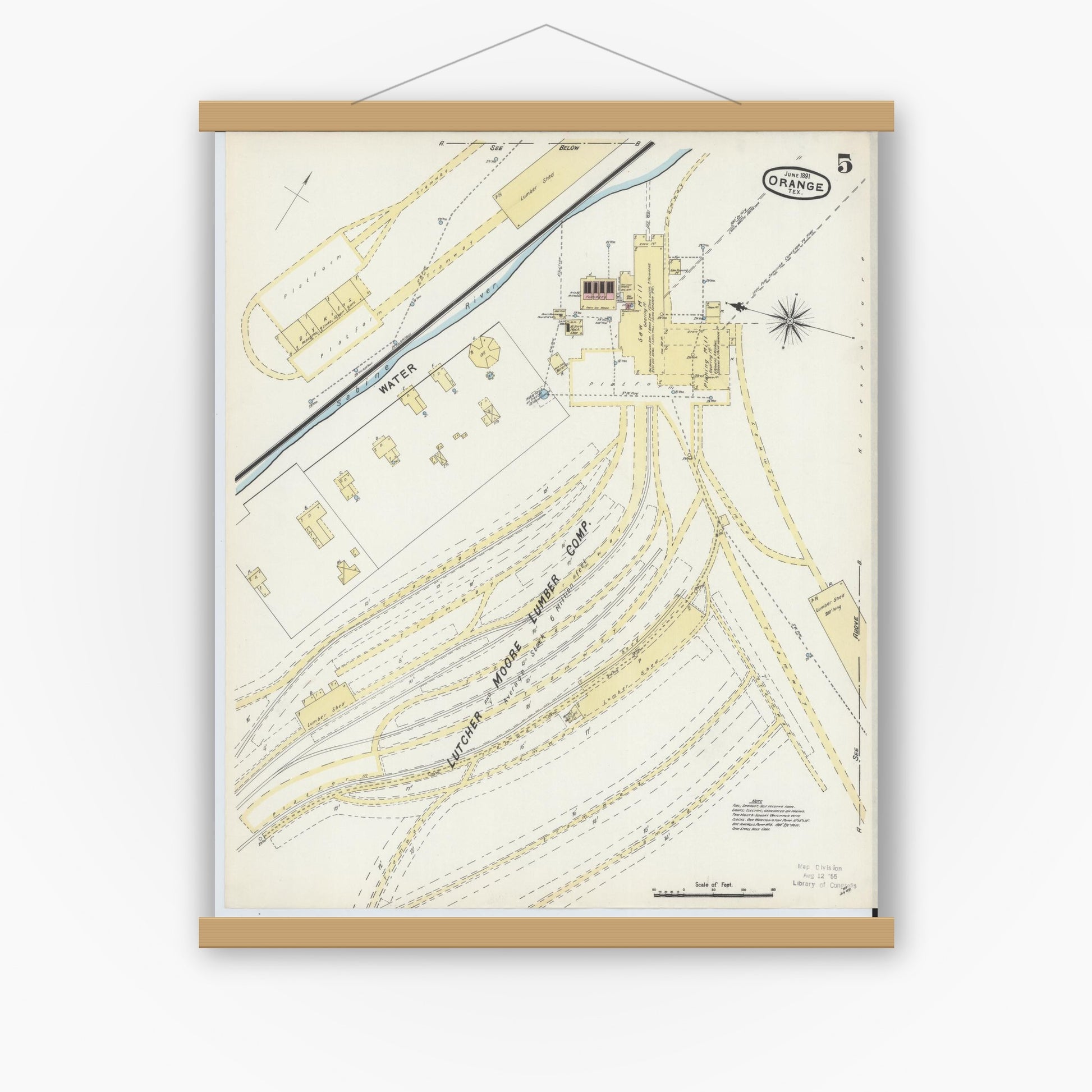 Old map wall art mockup — magnetic wood frame on white wall — Sanborn Fire Insurance Map from Orange, Orange County, Texas (1891), Sheet #0005