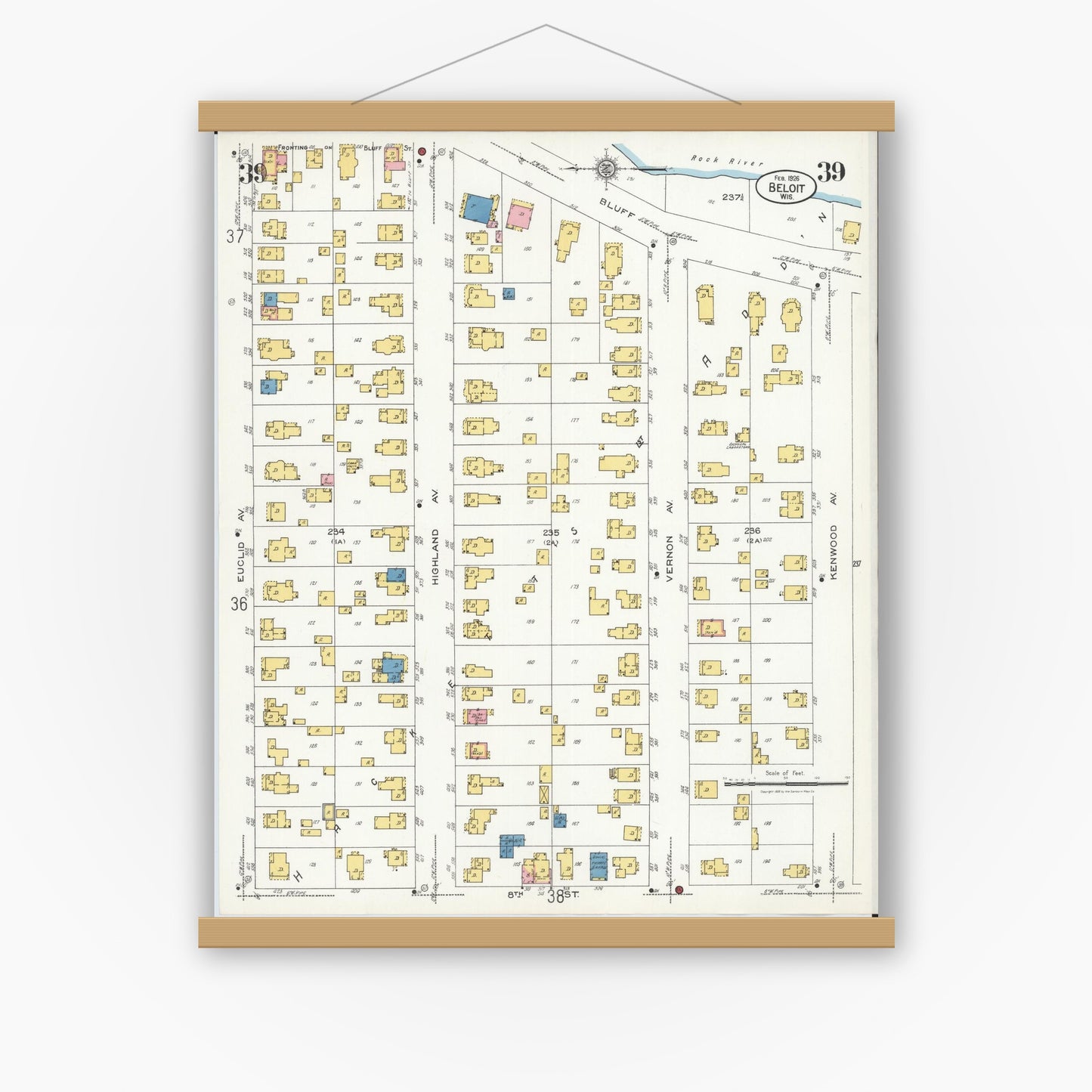 Old map wall art mockup — magnetic wood frame on white wall — Sanborn Fire Insurance Map from Beloit, Rock County, Wisconsin (1926), Sheet #0039