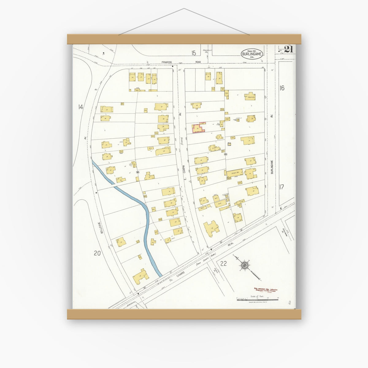 Old map wall art mockup — magnetic wood frame on white wall — Sanborn Fire Insurance Map from Burlingame, San Mateo County, California (1921), Sheet #0021