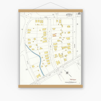 Old map wall art mockup — magnetic wood frame on white wall — Sanborn Fire Insurance Map from Burlingame, San Mateo County, California (1921), Sheet #0021