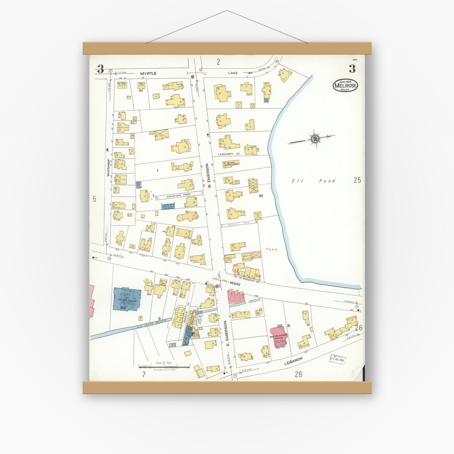 Old map wall art mockup — magnetic wood frame on white wall — Sanborn Fire Insurance Map from Melrose, Middlesex County, Massachusetts (1923), Sheet #0003