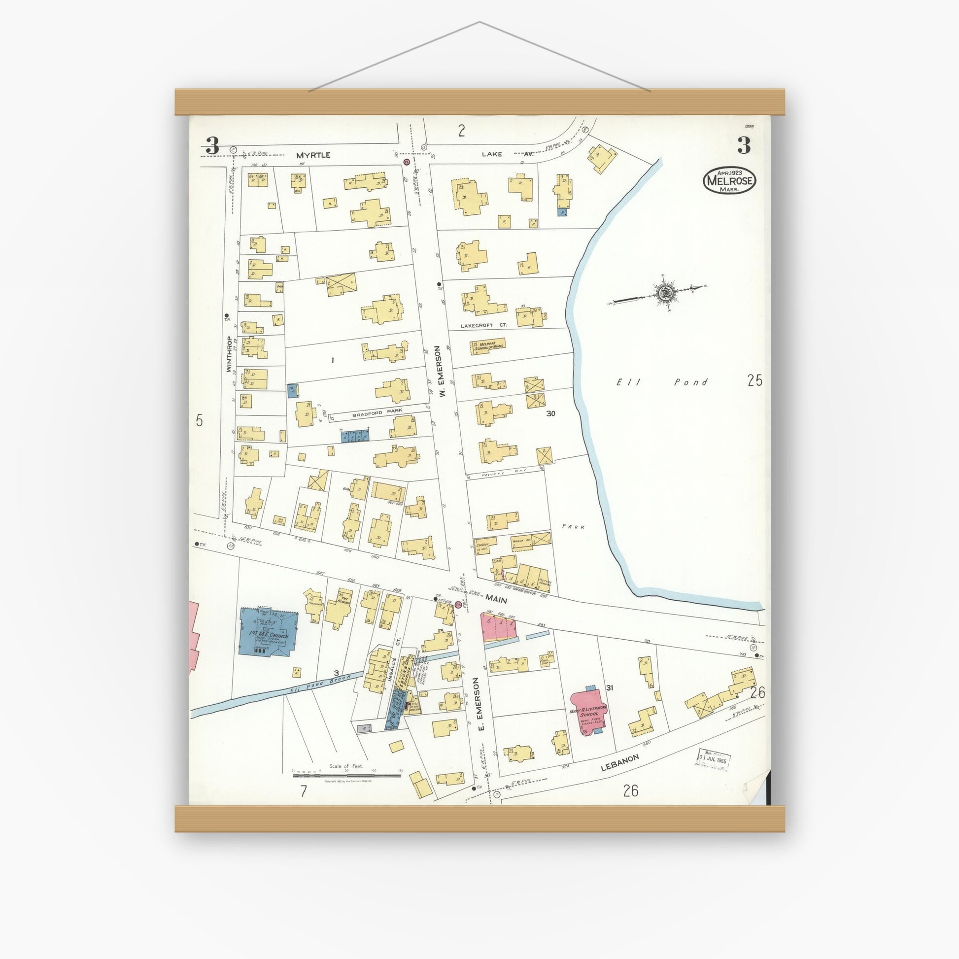 Old map wall art mockup — magnetic wood frame on white wall — Sanborn Fire Insurance Map from Melrose, Middlesex County, Massachusetts (1923), Sheet #0003