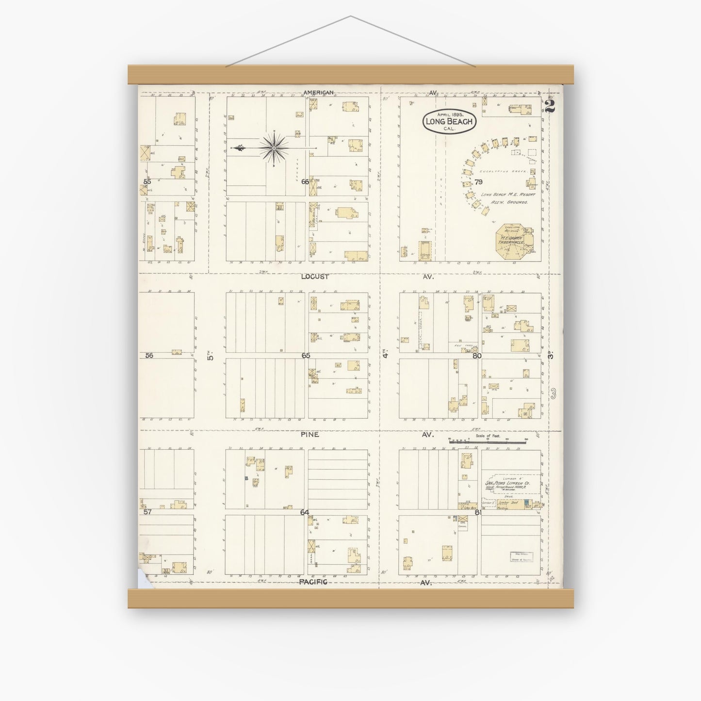Old map wall art mockup — magnetic wood frame on white wall — Sanborn Fire Insurance Map from Long Beach, Los Angeles County, California (1895), Sheet #0002