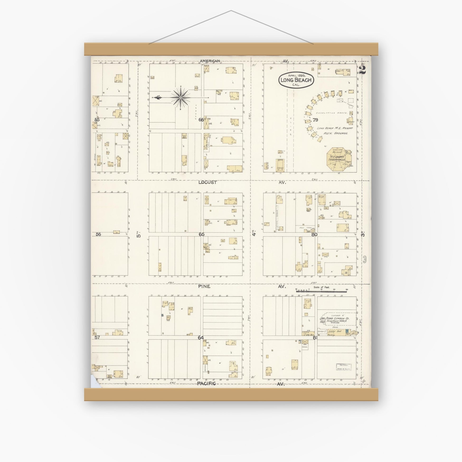 Old map wall art mockup — magnetic wood frame on white wall — Sanborn Fire Insurance Map from Long Beach, Los Angeles County, California (1895), Sheet #0002