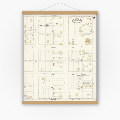 Old map wall art mockup — magnetic wood frame on white wall — Sanborn Fire Insurance Map from Long Beach, Los Angeles County, California (1895), Sheet #0002