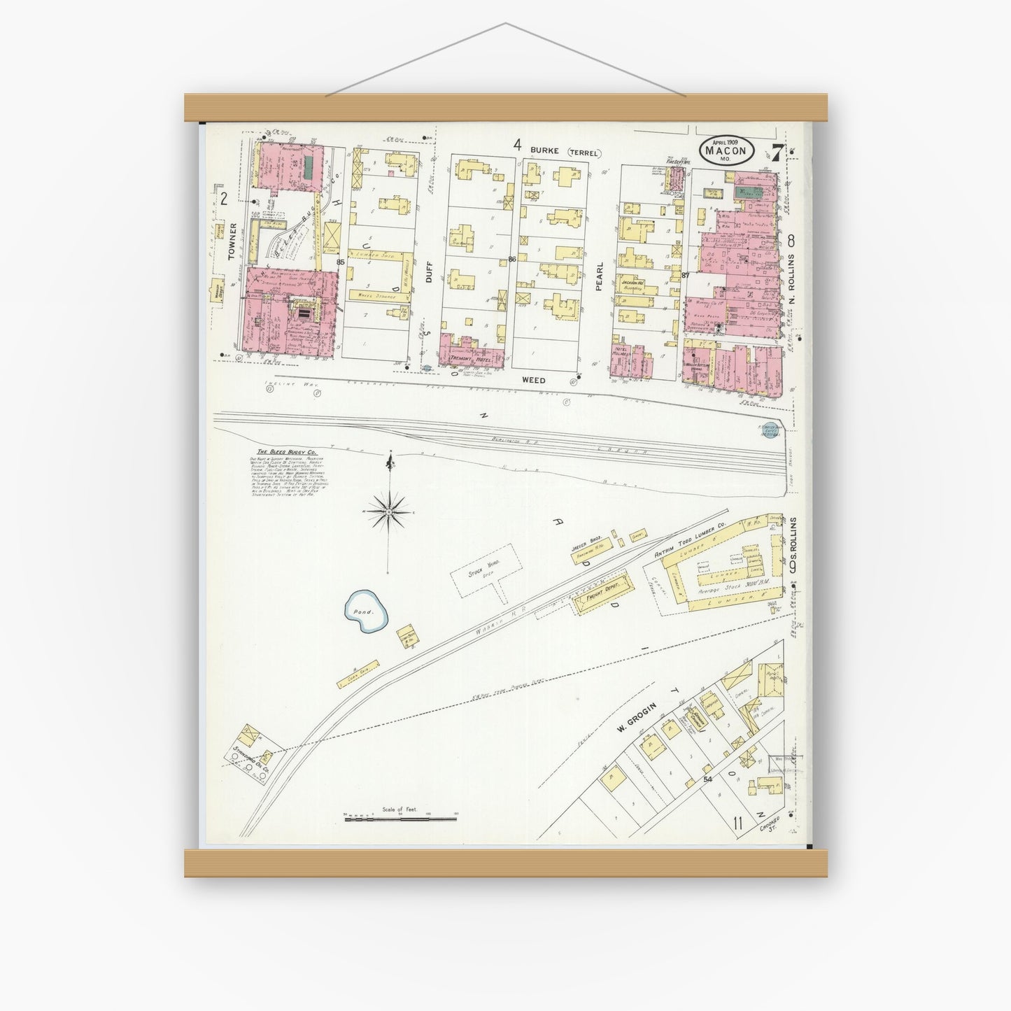 Old map wall art mockup — magnetic wood frame on white wall — Sanborn Fire Insurance Map from Macon, Macon County, Missouri (1909), Sheet #0007