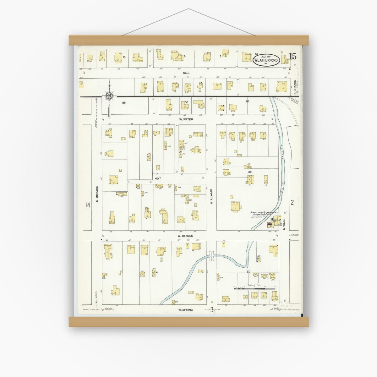 Old map wall art mockup — magnetic wood frame on white wall — Sanborn Fire Insurance Map from Weatherford, Parker County, Texas (1910), Sheet #0015