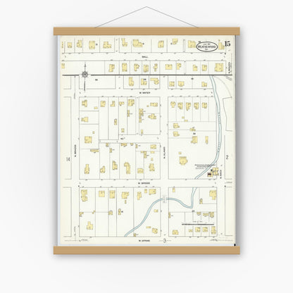 Old map wall art mockup — magnetic wood frame on white wall — Sanborn Fire Insurance Map from Weatherford, Parker County, Texas (1910), Sheet #0015