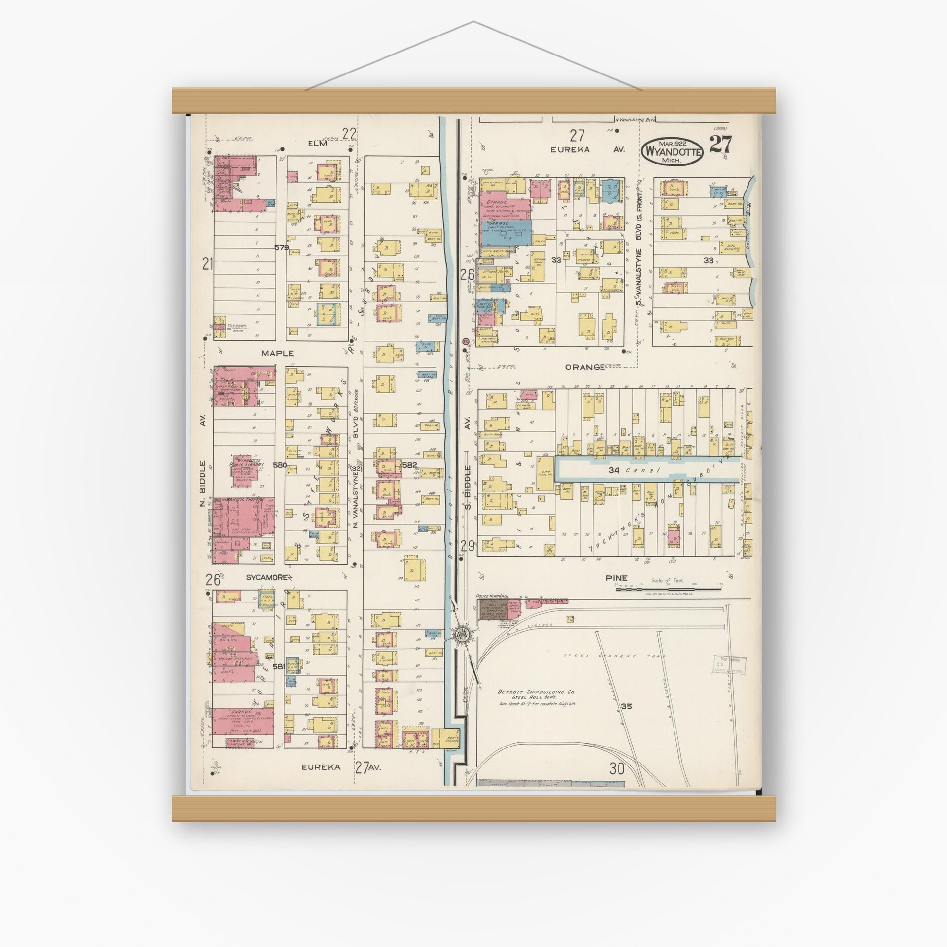 Old map wall art mockup — magnetic wood frame on white wall — Sanborn Fire Insurance Map from Wyandotte, Wayne County, Michigan (1922), Sheet #0027