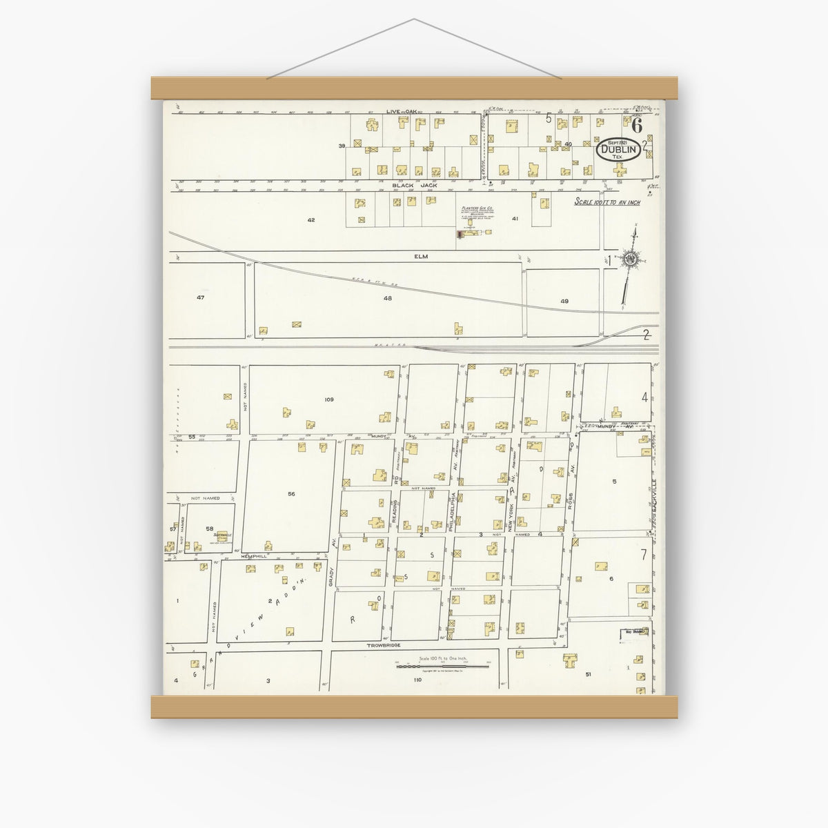 Old map wall art mockup — magnetic wood frame on white wall — Sanborn Fire Insurance Map from Dublin, Erath County, Texas (1921), Sheet #0006