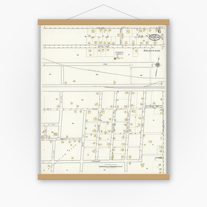 Old map wall art mockup — magnetic wood frame on white wall — Sanborn Fire Insurance Map from Dublin, Erath County, Texas (1921), Sheet #0006