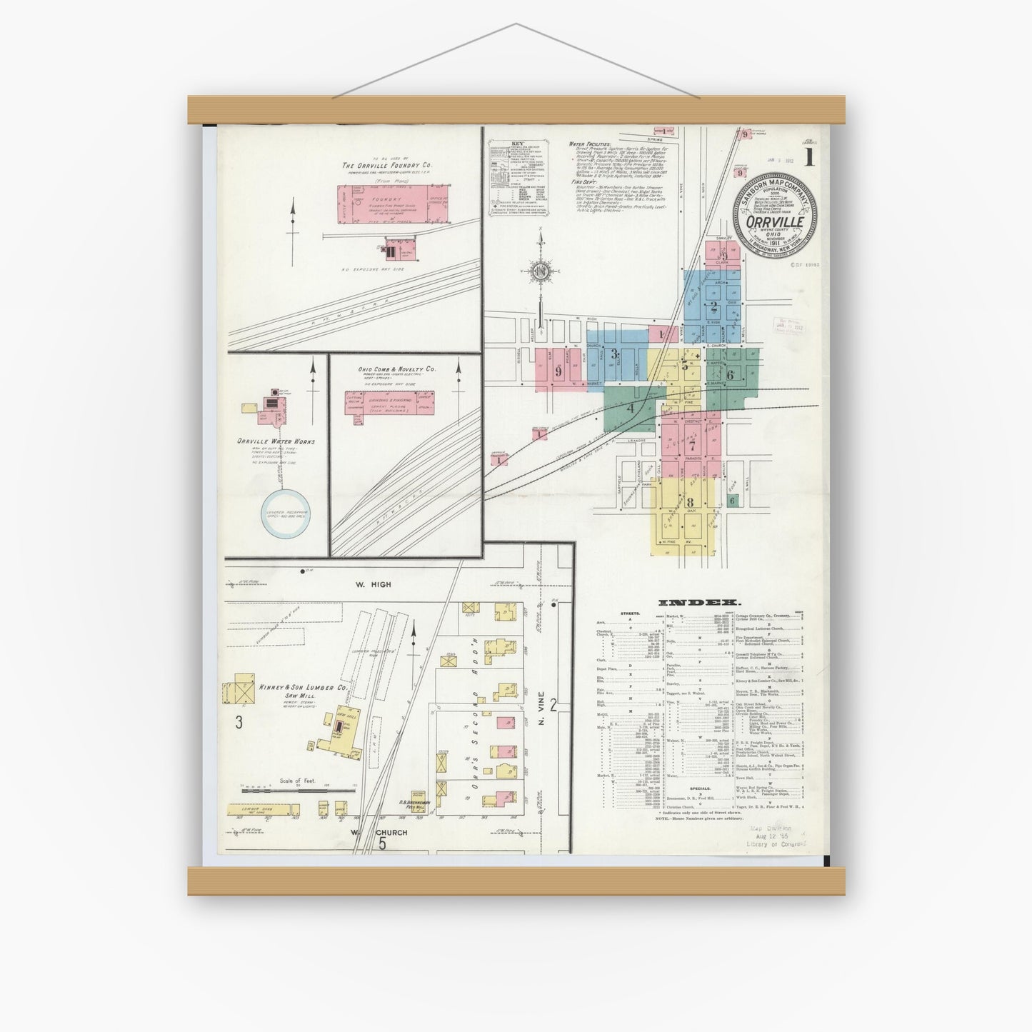 Old map wall art mockup — magnetic wood frame on white wall — Sanborn Fire Insurance Map from Orrville, Wayne County, Ohio (1911), Sheet #0001