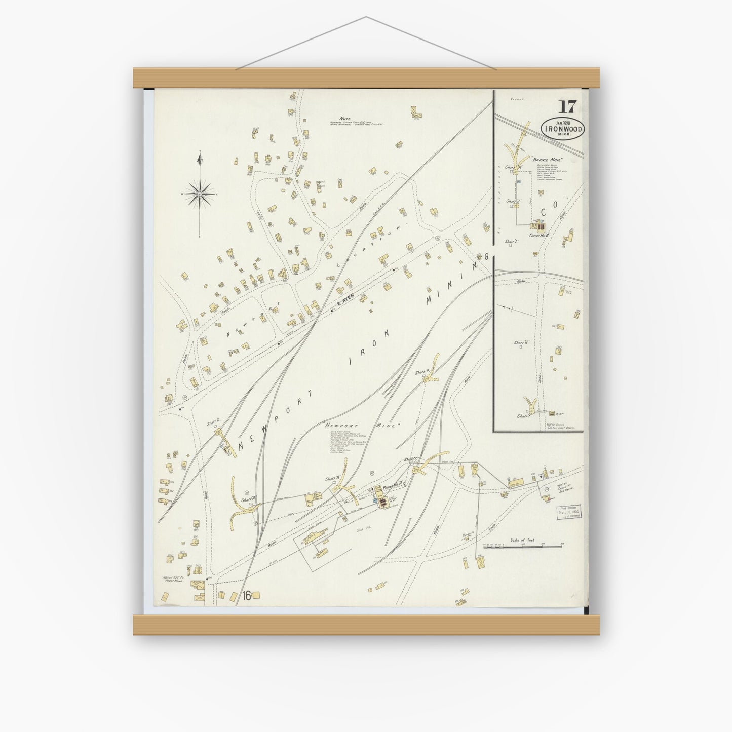 Old map wall art mockup — magnetic wood frame on white wall — Sanborn Fire Insurance Map from Ironwood, Gogebic County, Michigan (1898), Sheet #0017