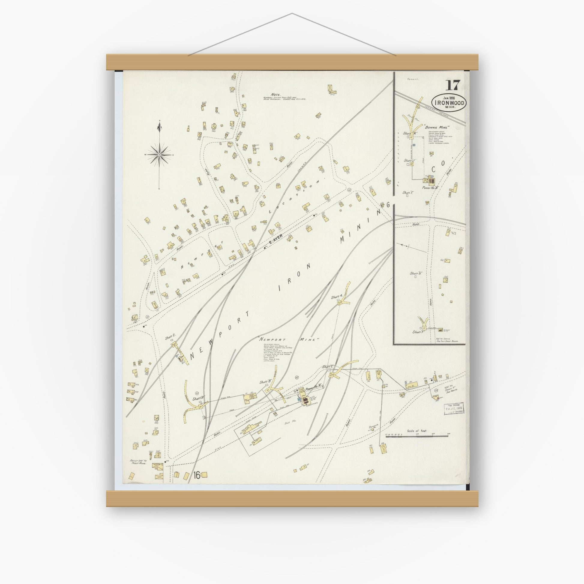 Old map wall art mockup — magnetic wood frame on white wall — Sanborn Fire Insurance Map from Ironwood, Gogebic County, Michigan (1898), Sheet #0017