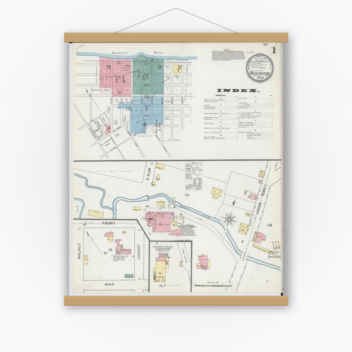 Old map wall art mockup — magnetic wood frame on white wall — Sanborn Fire Insurance Map from Washington, Franklin County, Missouri (1893), Sheet #0001