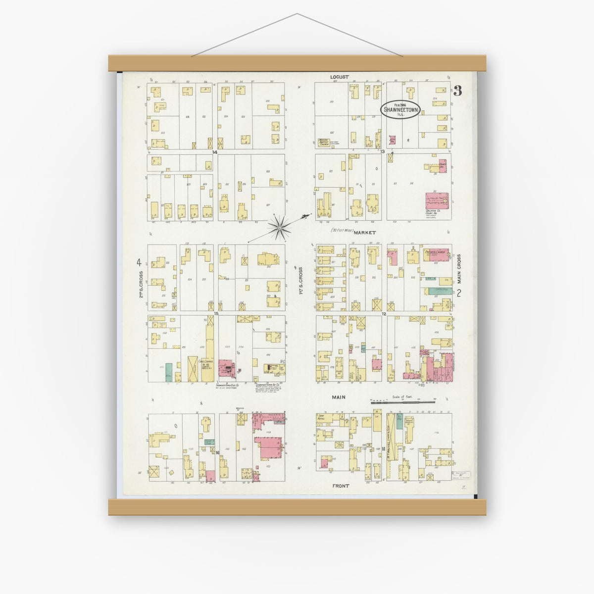 Old map wall art mockup — magnetic wood frame on white wall — Sanborn Fire Insurance Map from Shawneetown, Gallatin County, Illinois (1906), Sheet #0003