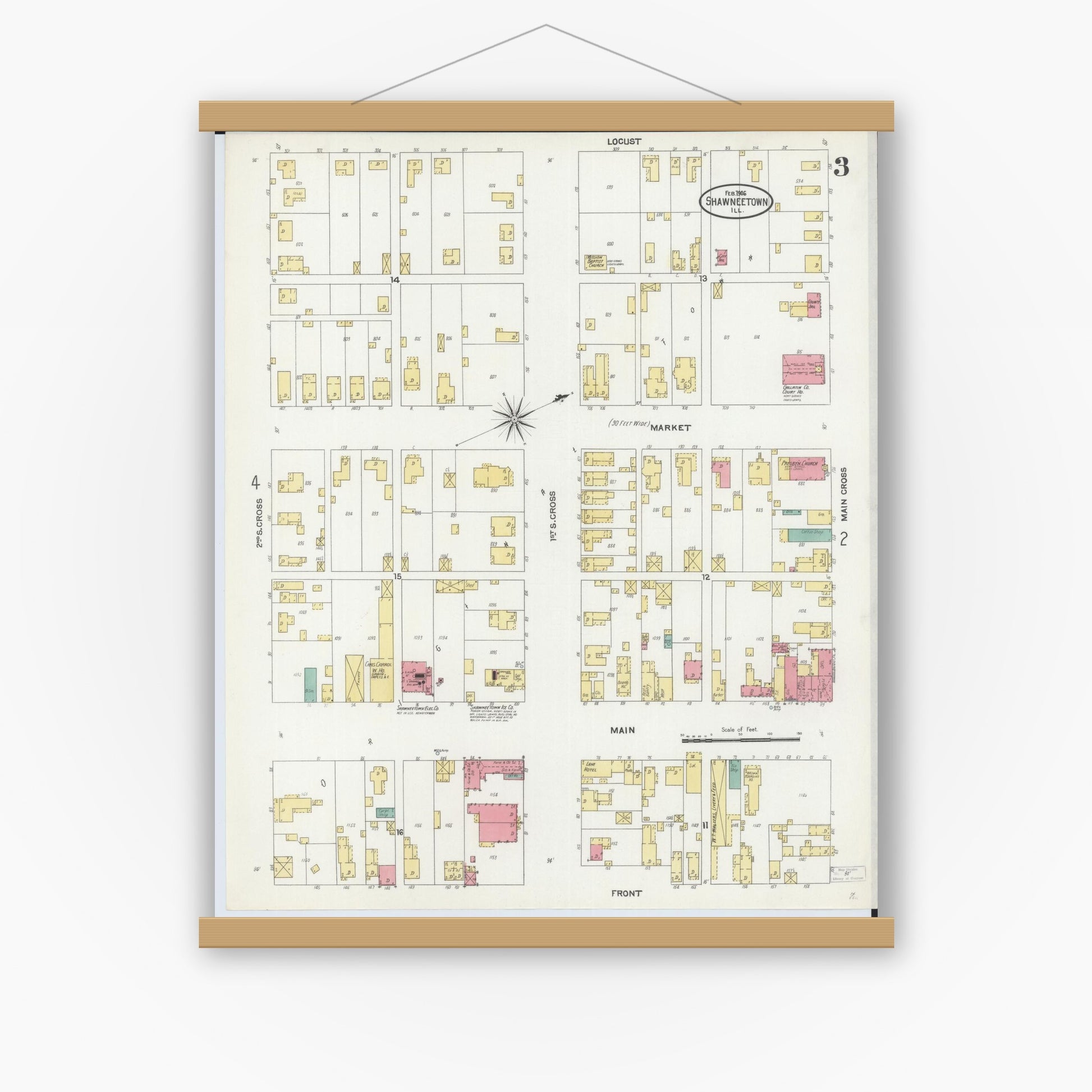 Old map wall art mockup — magnetic wood frame on white wall — Sanborn Fire Insurance Map from Shawneetown, Gallatin County, Illinois (1906), Sheet #0003