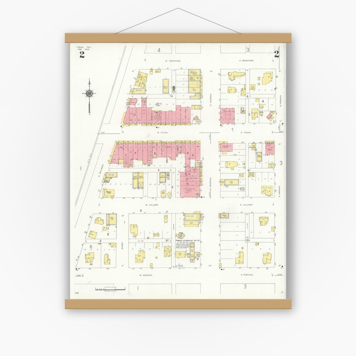 Old map wall art mockup — magnetic wood frame on white wall — Sanborn Fire Insurance Map from Troup, Smith County, Texas (1934), Sheet #0002