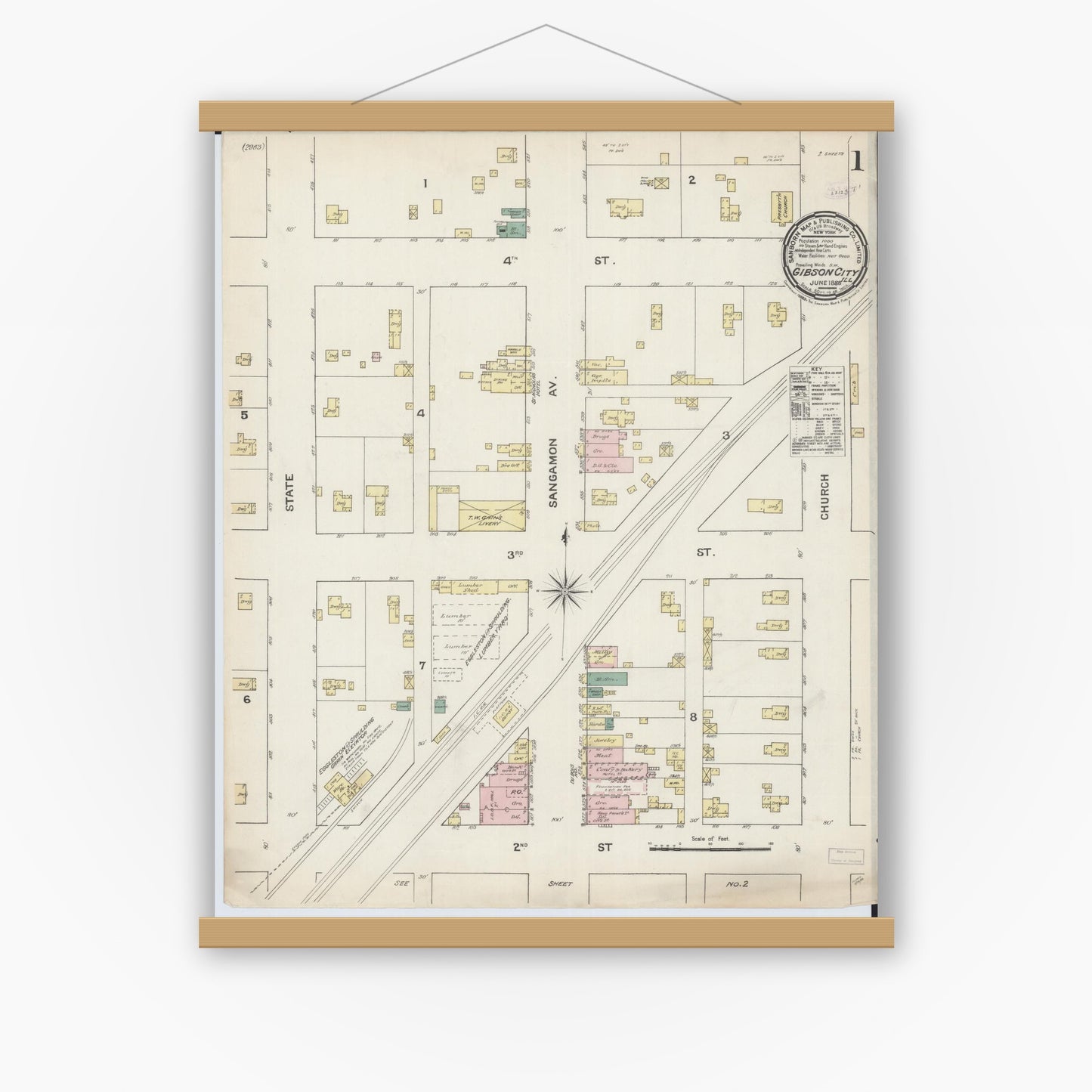 Old map wall art mockup — magnetic wood frame on white wall — Sanborn Fire Insurance Map from Gibson City, Ford County, Illinois (1888) - Complete Map Set