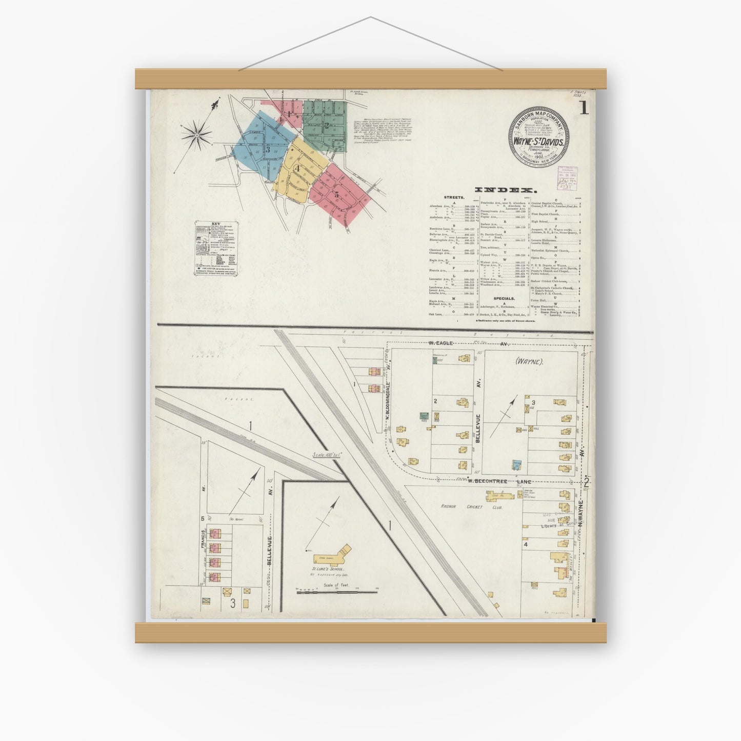 Old map wall art mockup — magnetic wood frame on white wall — Sanborn Fire Insurance Map from Wayne, Delaware County, Pennsylvania (1902) - Complete Map Set