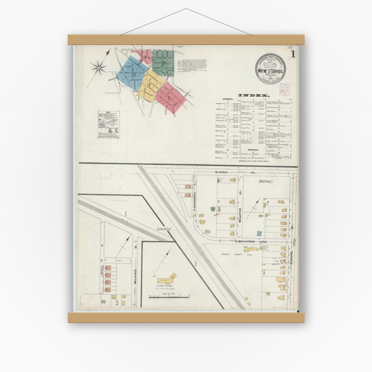 Old map wall art mockup — magnetic wood frame on white wall — Sanborn Fire Insurance Map from Wayne, Delaware County, Pennsylvania (1902) - Complete Map Set