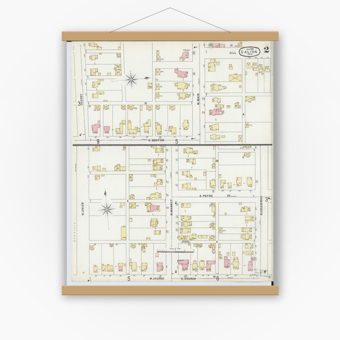Old map wall art mockup — magnetic wood frame on white wall — Sanborn Fire Insurance Map from Galion, Crawford County, Ohio (1897), Sheet #0002