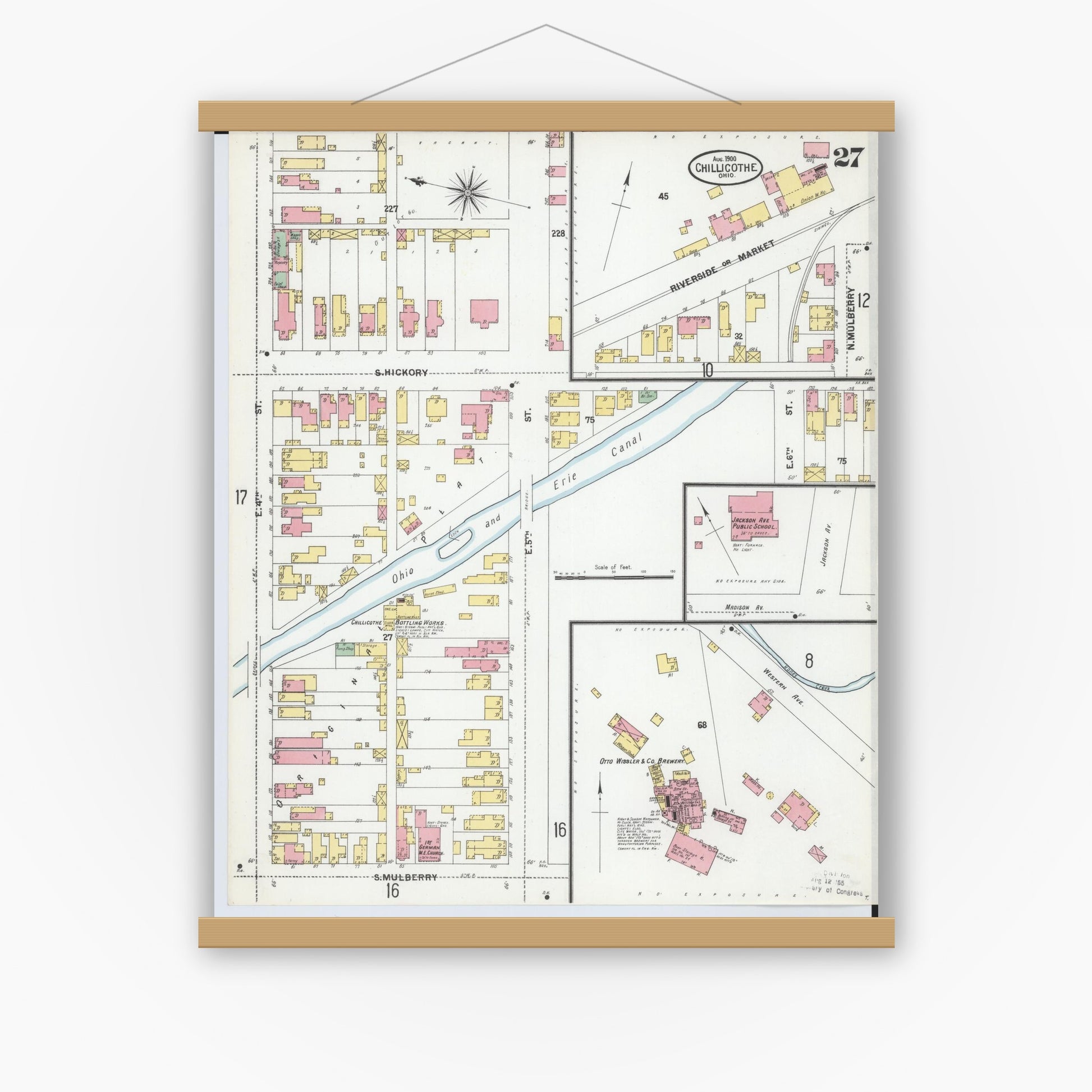 Old map wall art mockup — magnetic wood frame on white wall — Sanborn Fire Insurance Map from Chillicothe, Ross County, Ohio (1900), Sheet #0027
