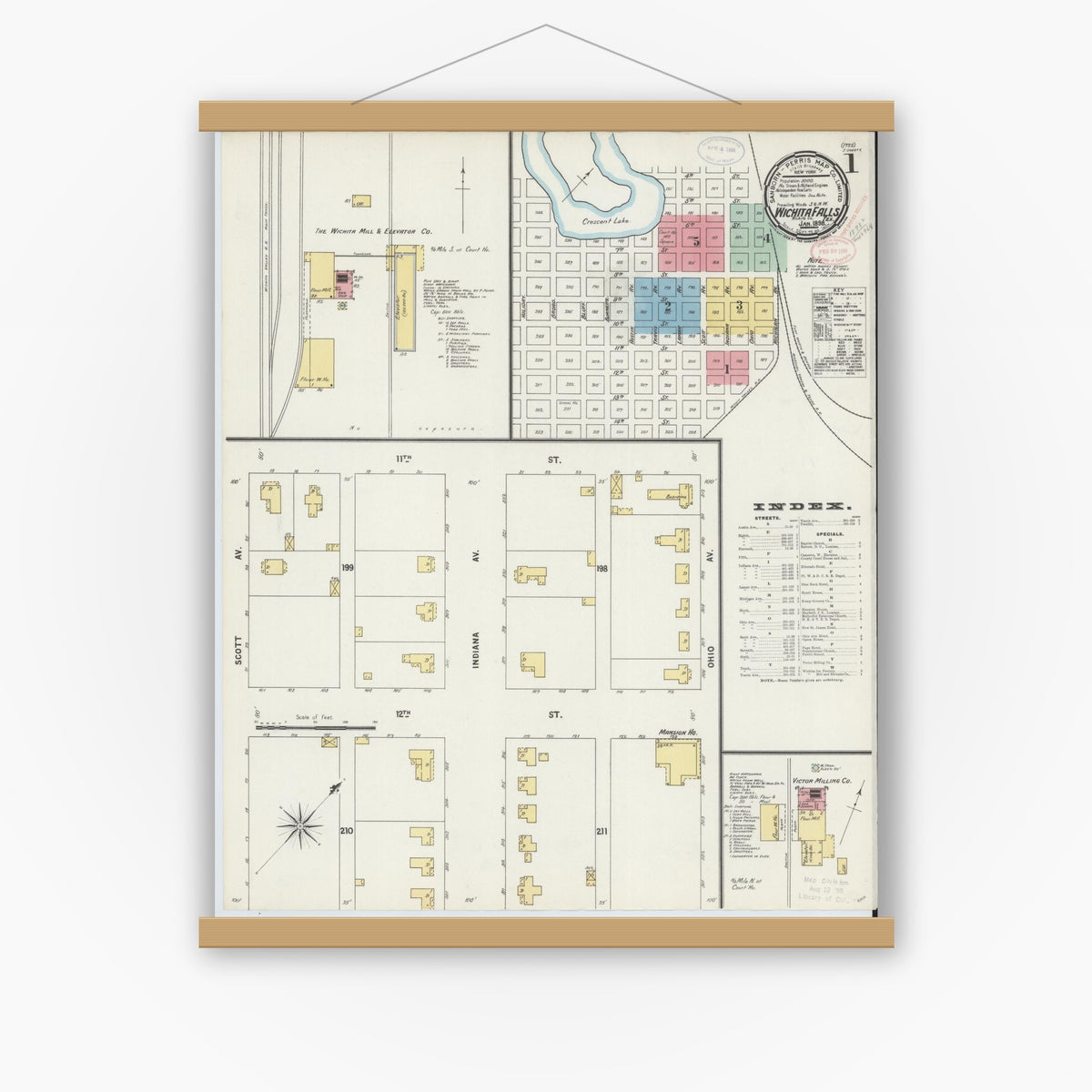 Old map wall art mockup — magnetic wood frame on white wall — Sanborn Fire Insurance Map from Wichita Falls, Wichita County, Texas (1898) - Complete Map Set