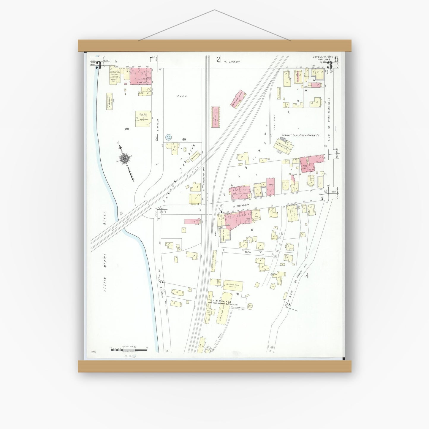 Old map wall art mockup — magnetic wood frame on white wall — Sanborn Fire Insurance Map from Loveland, Clermont, Hamilton, And Warren County, Ohio (1946), Sheet #0003