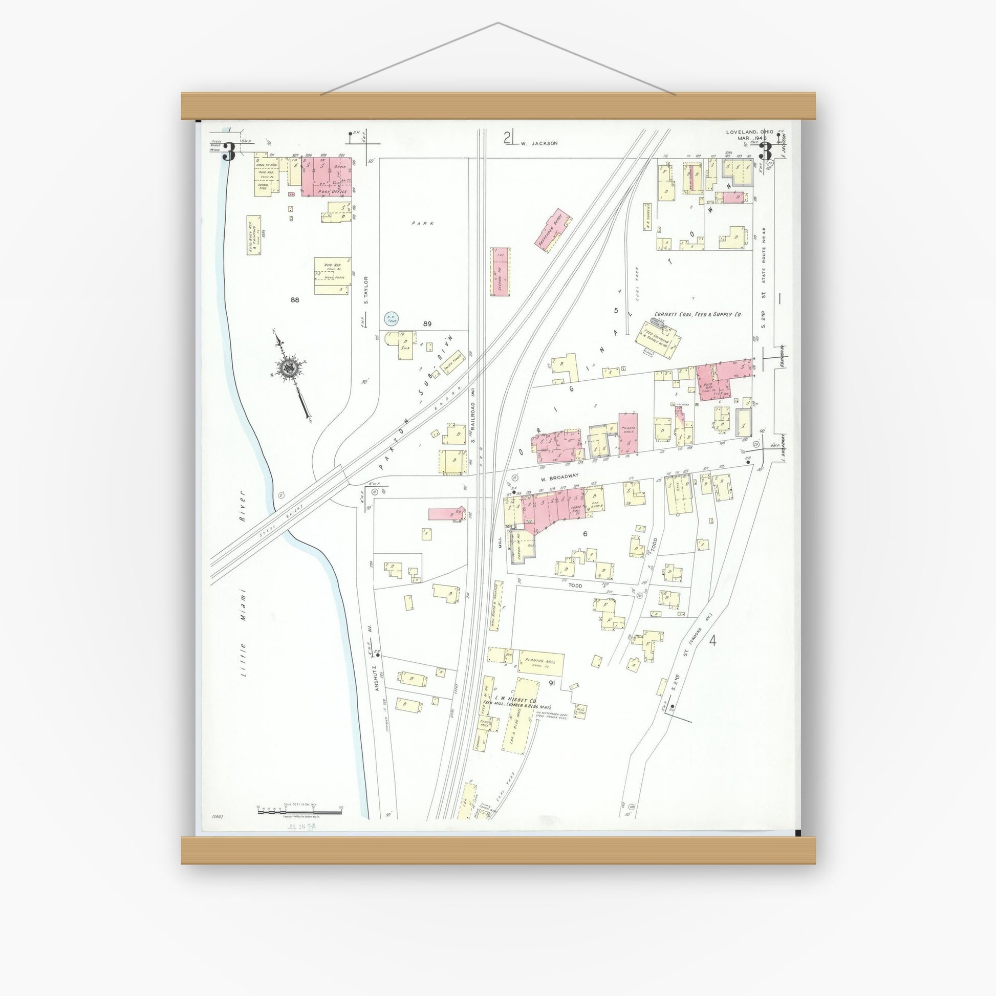 Old map wall art mockup — magnetic wood frame on white wall — Sanborn Fire Insurance Map from Loveland, Clermont, Hamilton, And Warren County, Ohio (1946), Sheet #0003