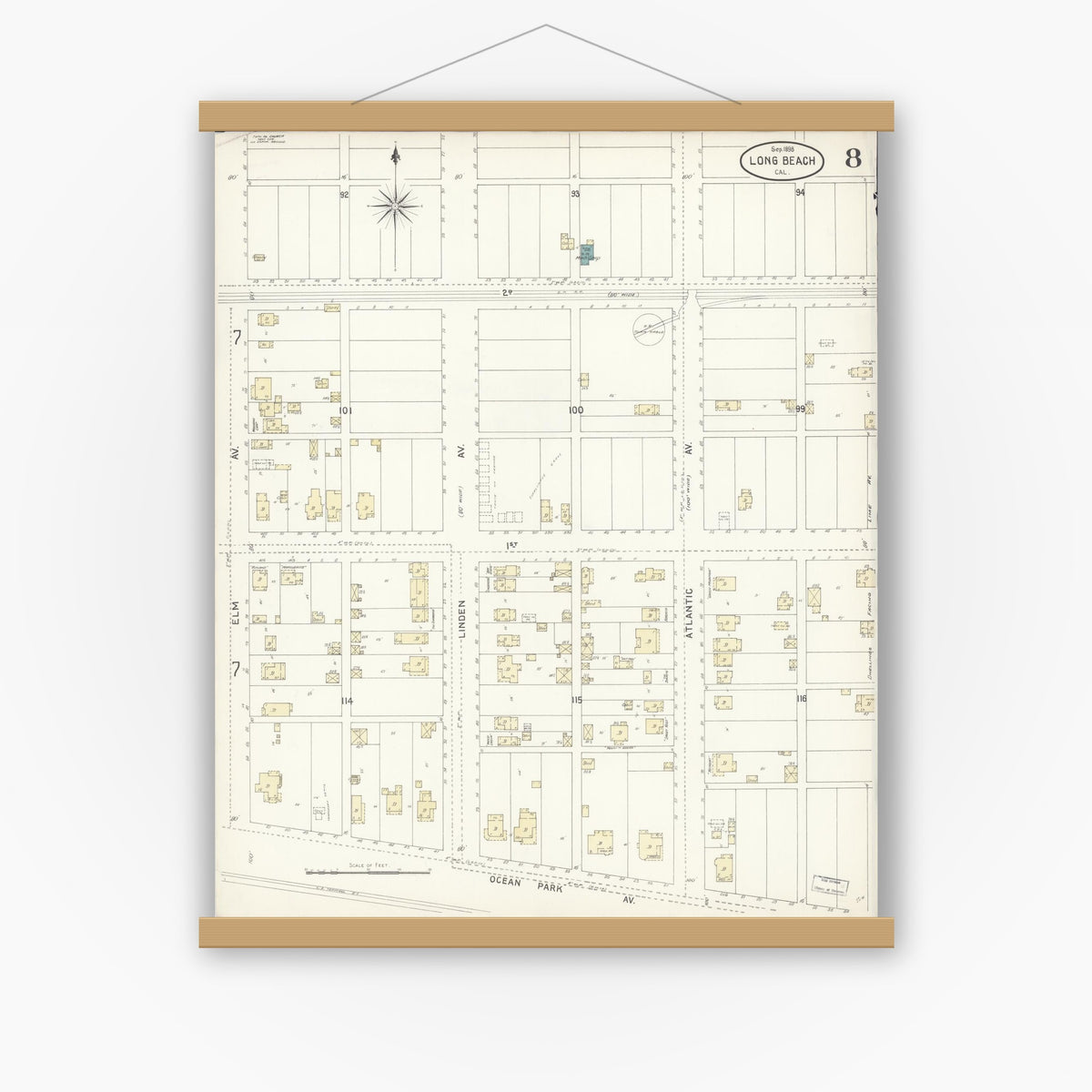 Old map wall art mockup — magnetic wood frame on white wall — Sanborn Fire Insurance Map from Long Beach, Los Angeles County, California (1898), Sheet #0008