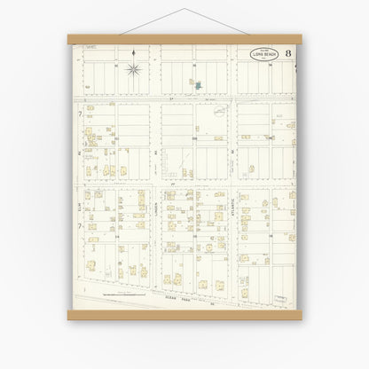Old map wall art mockup — magnetic wood frame on white wall — Sanborn Fire Insurance Map from Long Beach, Los Angeles County, California (1898), Sheet #0008