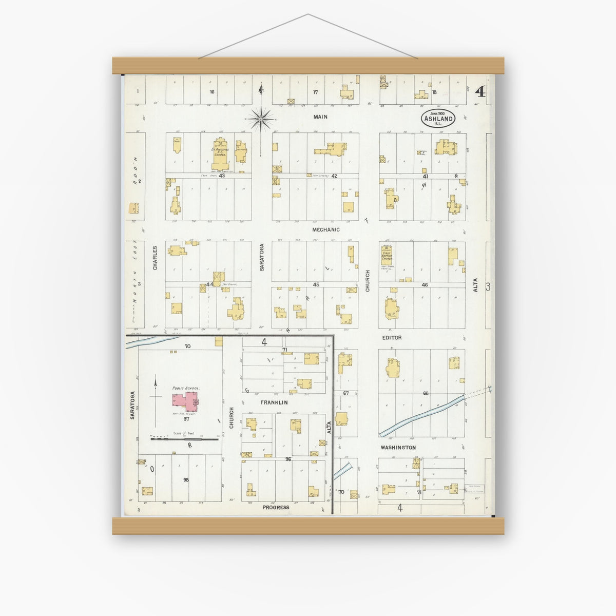 Old map wall art mockup — magnetic wood frame on white wall — Sanborn Fire Insurance Map from Ashland, Cass County, Illinois (1900), Sheet #0004