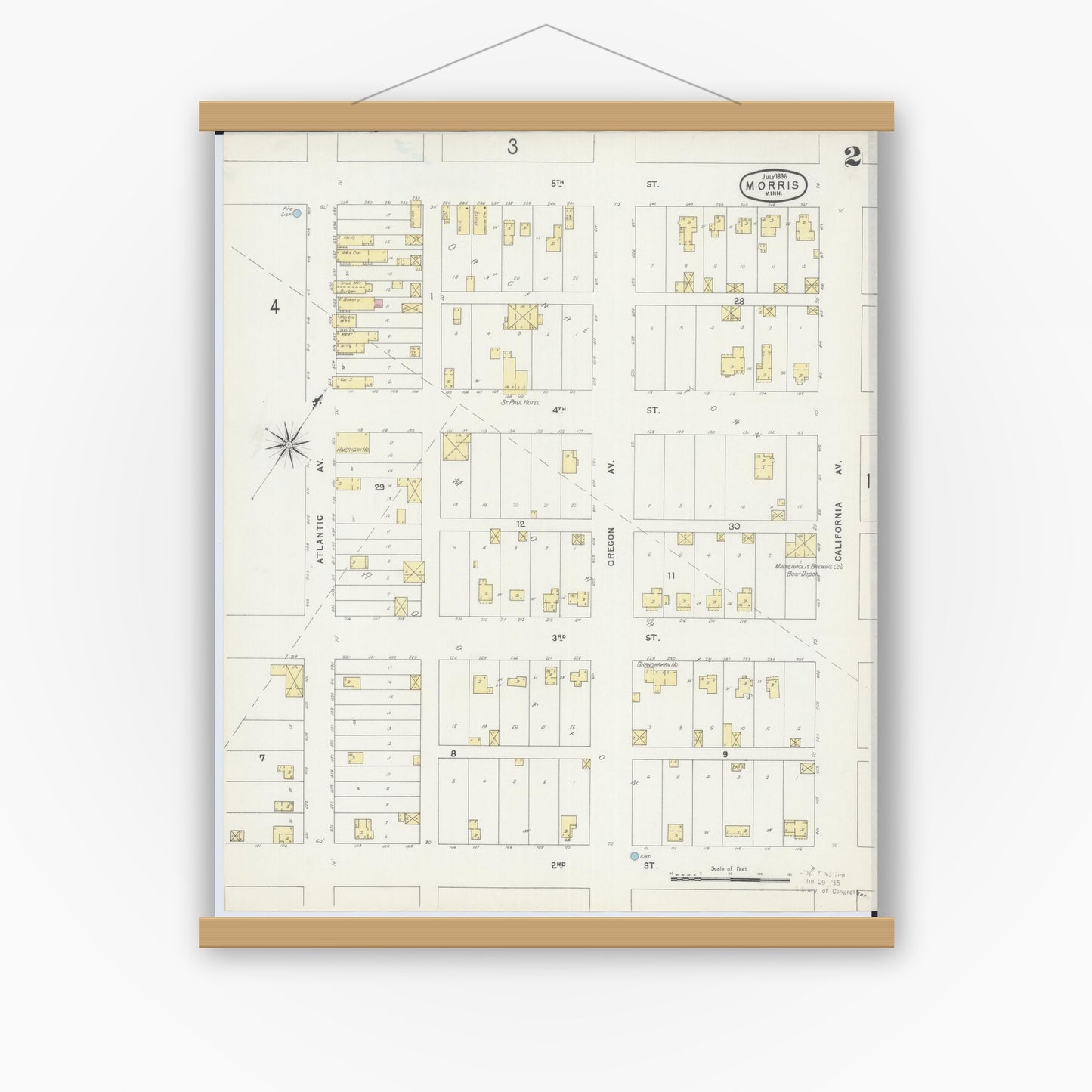 Old map wall art mockup — magnetic wood frame on white wall — Sanborn Fire Insurance Map from Morris, Stevens County, Minnesota (1896), Sheet #0002