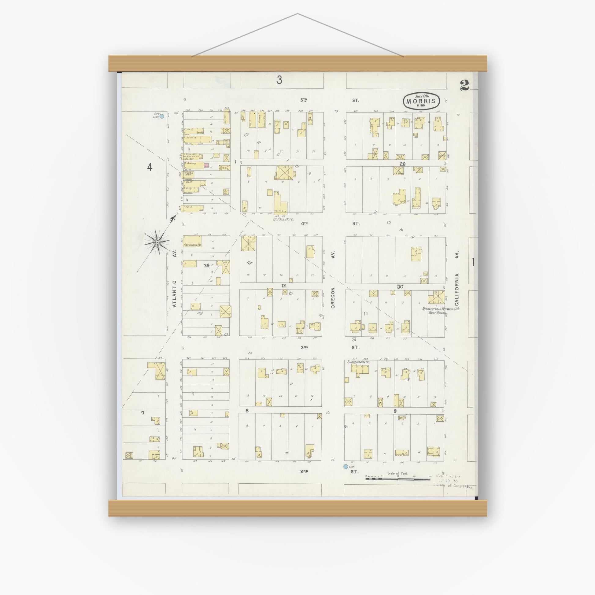 Old map wall art mockup — magnetic wood frame on white wall — Sanborn Fire Insurance Map from Morris, Stevens County, Minnesota (1896), Sheet #0002