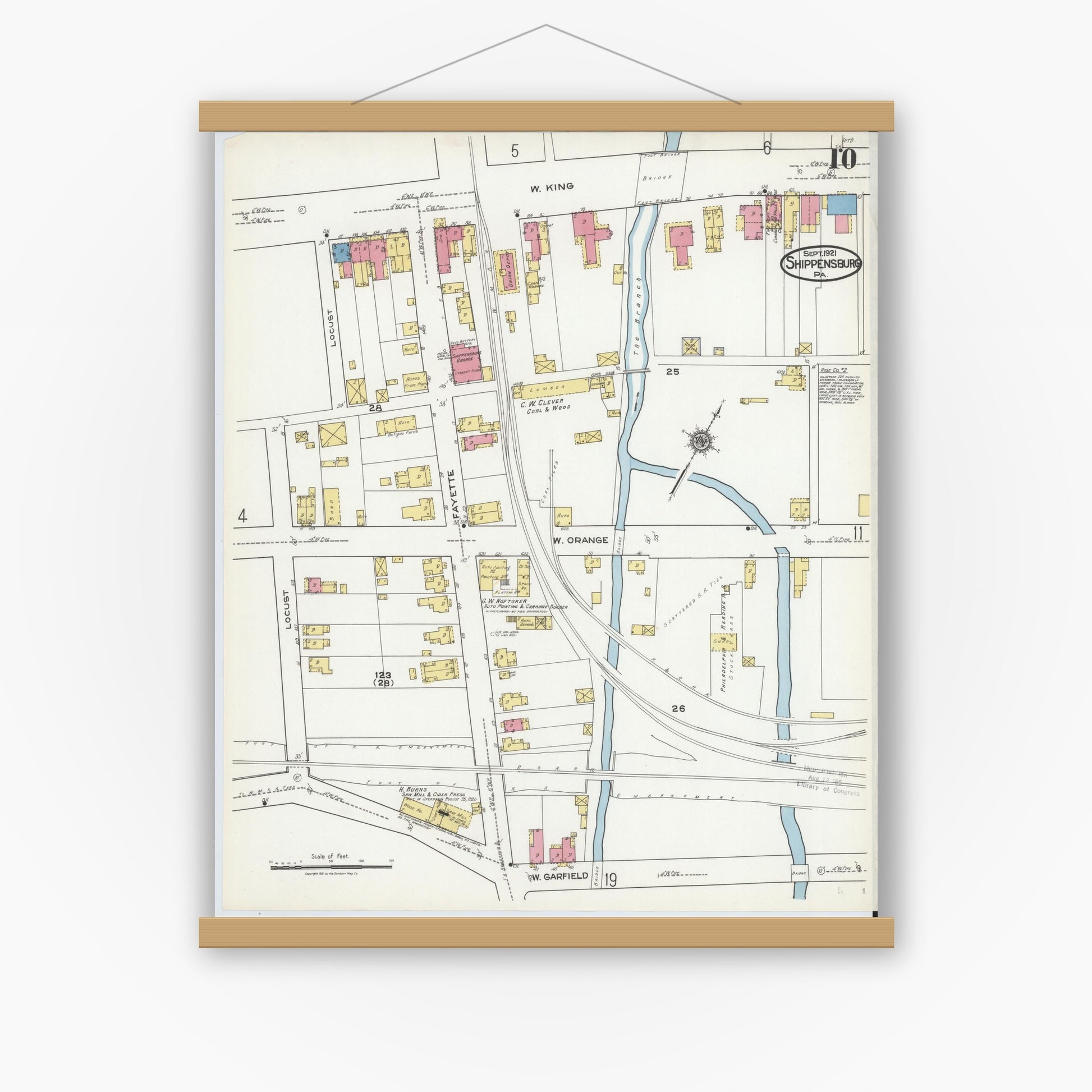 Old map wall art mockup — magnetic wood frame on white wall — Sanborn Fire Insurance Map from Shippensburg, Cumberland And Franklin Counties, Pennsylvania (1921), Sheet #0010