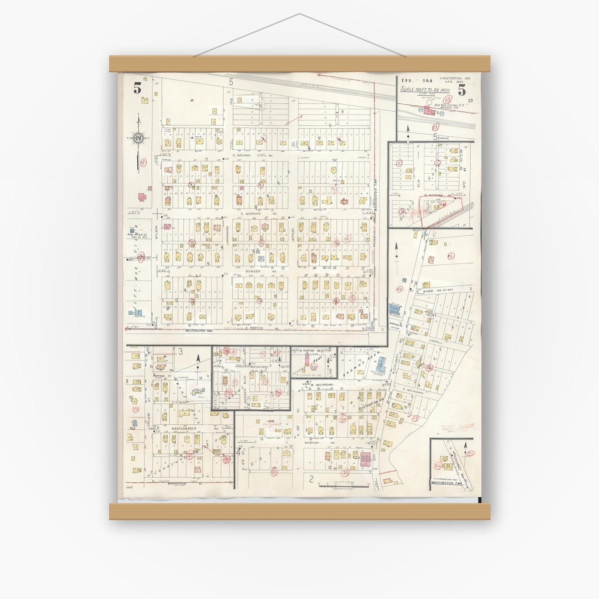 Old map wall art mockup — magnetic wood frame on white wall — Sanborn Fire Insurance Map from Chesterton, Porter County, Indiana (1951), Sheet #0005