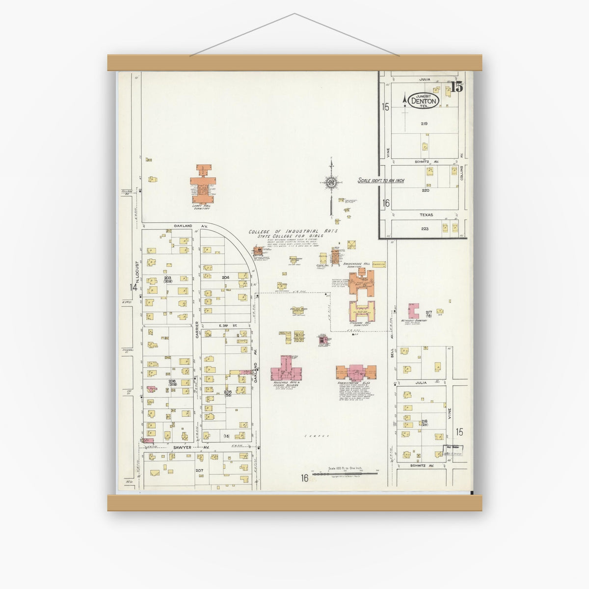 Old map wall art mockup — magnetic wood frame on white wall — Sanborn Fire Insurance Map from Denton, Denton County, Texas (1917), Sheet #0015