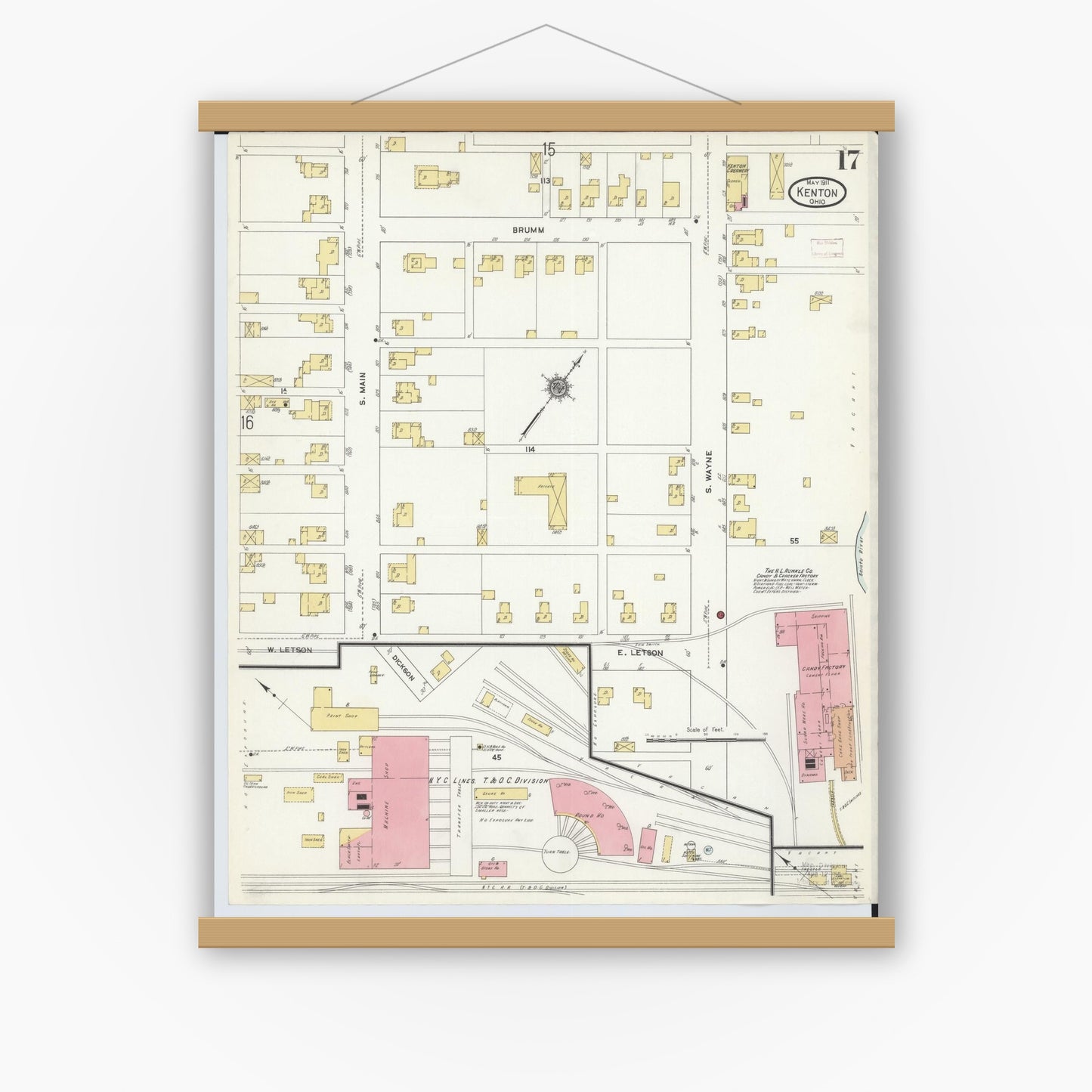 Old map wall art mockup — magnetic wood frame on white wall — Sanborn Fire Insurance Map from Kenton, Hardin County, Ohio (1911), Sheet #0017