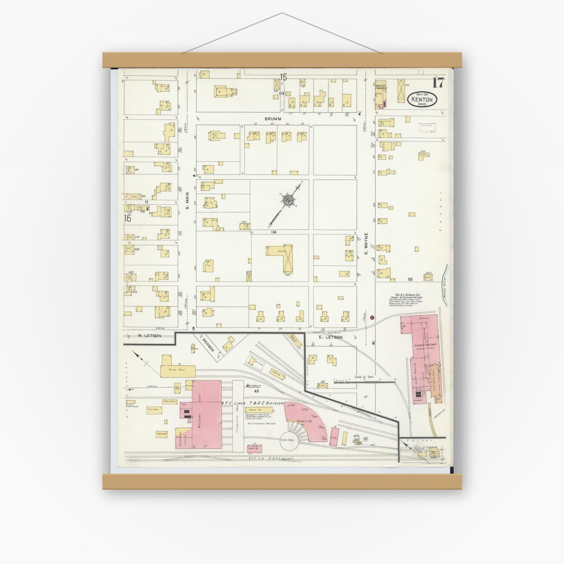 Old map wall art mockup — magnetic wood frame on white wall — Sanborn Fire Insurance Map from Kenton, Hardin County, Ohio (1911), Sheet #0017
