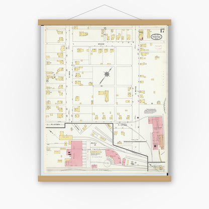 Old map wall art mockup — magnetic wood frame on white wall — Sanborn Fire Insurance Map from Kenton, Hardin County, Ohio (1911), Sheet #0017