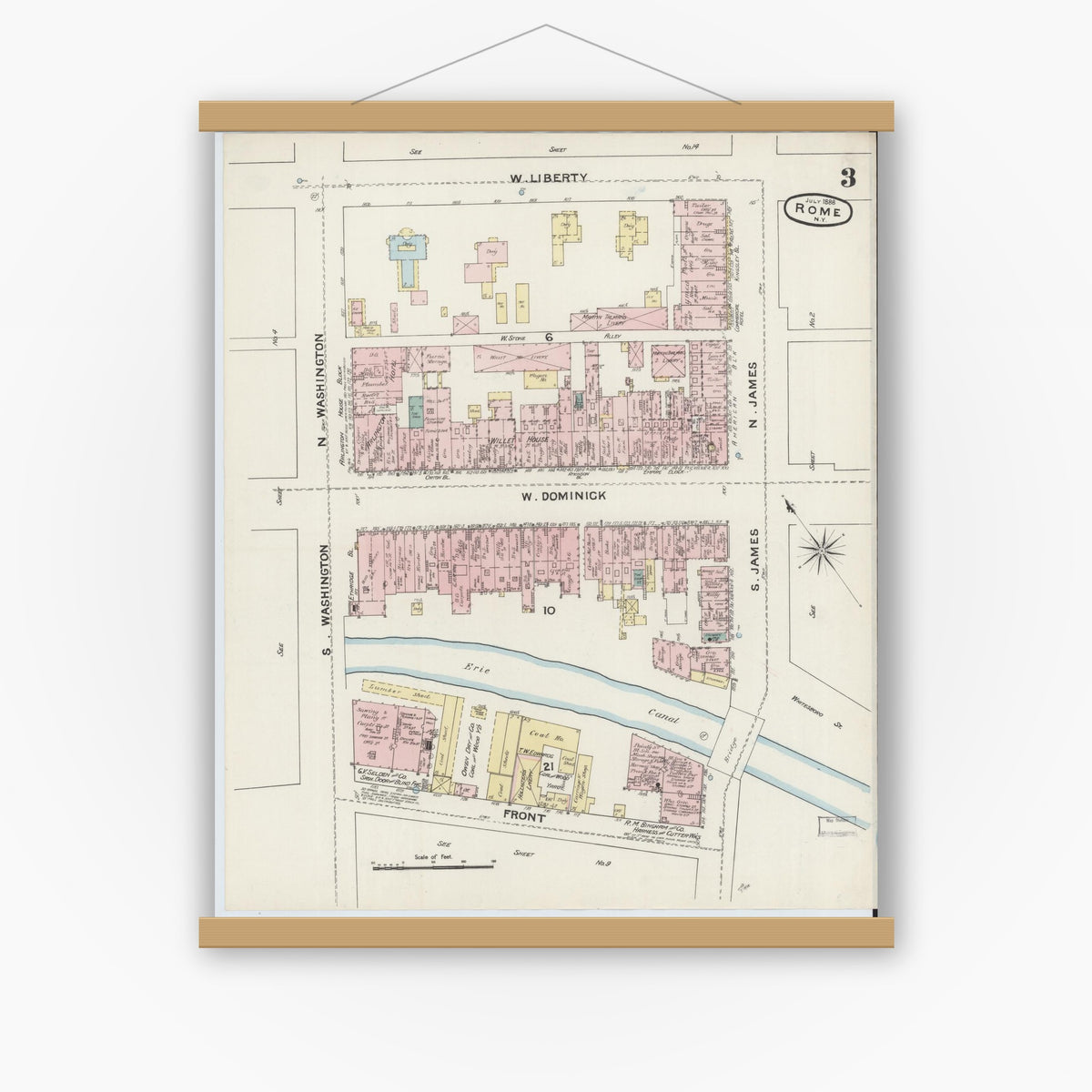 Old map wall art mockup — magnetic wood frame on white wall — Sanborn Fire Insurance Map from Rome, Oneida County, New York (1888), Sheet #0003