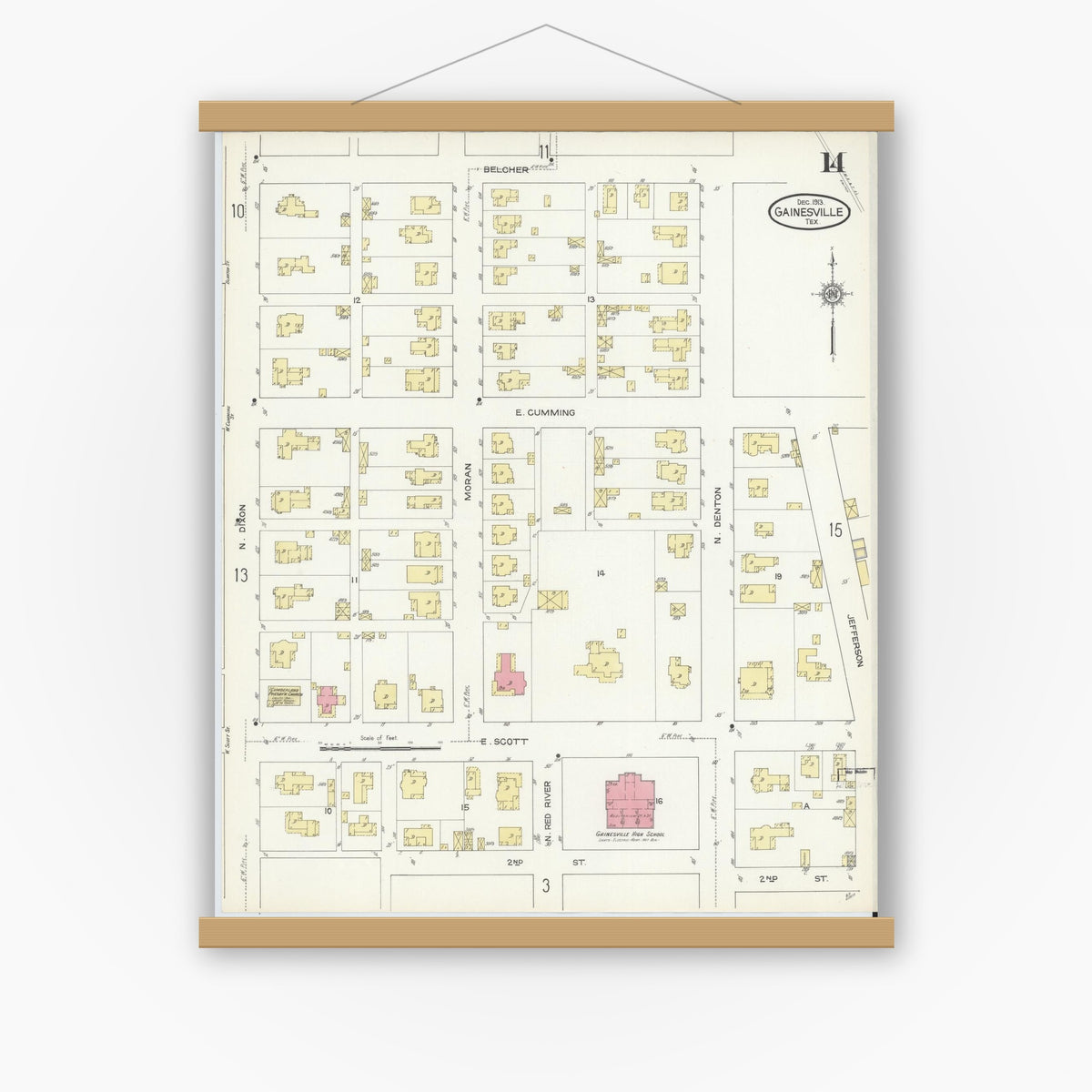 Old map wall art mockup — magnetic wood frame on white wall — Sanborn Fire Insurance Map from Gainesville, Cooke County, Texas (1913), Sheet #0014