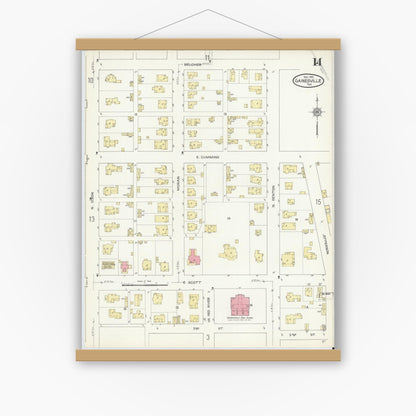 Old map wall art mockup — magnetic wood frame on white wall — Sanborn Fire Insurance Map from Gainesville, Cooke County, Texas (1913), Sheet #0014
