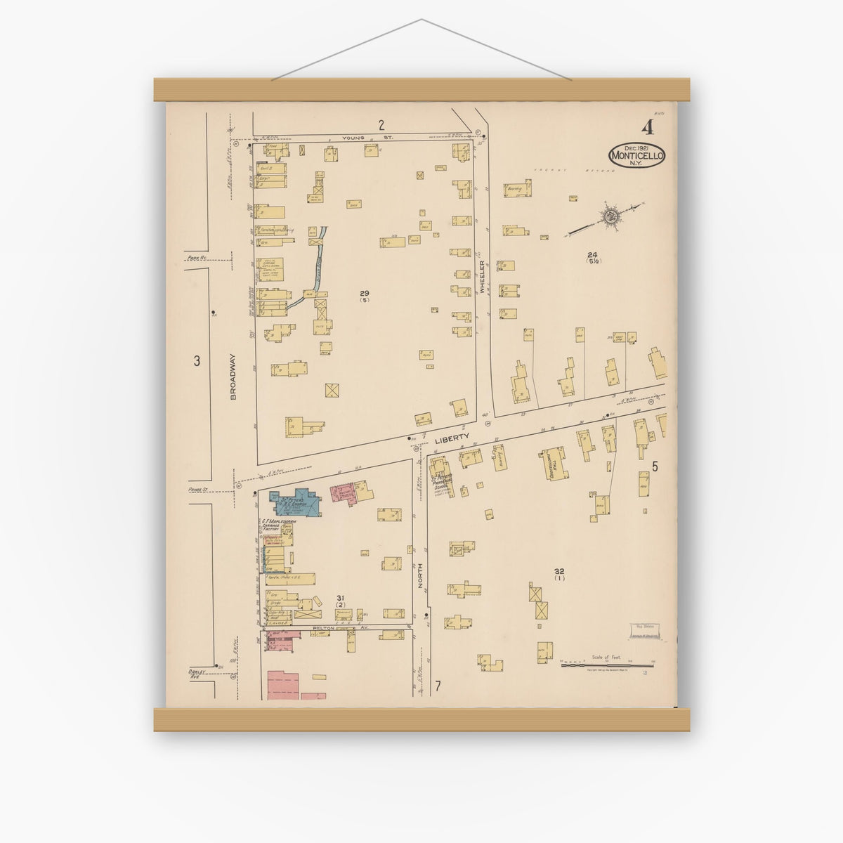 Old map wall art mockup — magnetic wood frame on white wall — Sanborn Fire Insurance Map from Monticello, Sullivan County, New York (1921), Sheet #0004