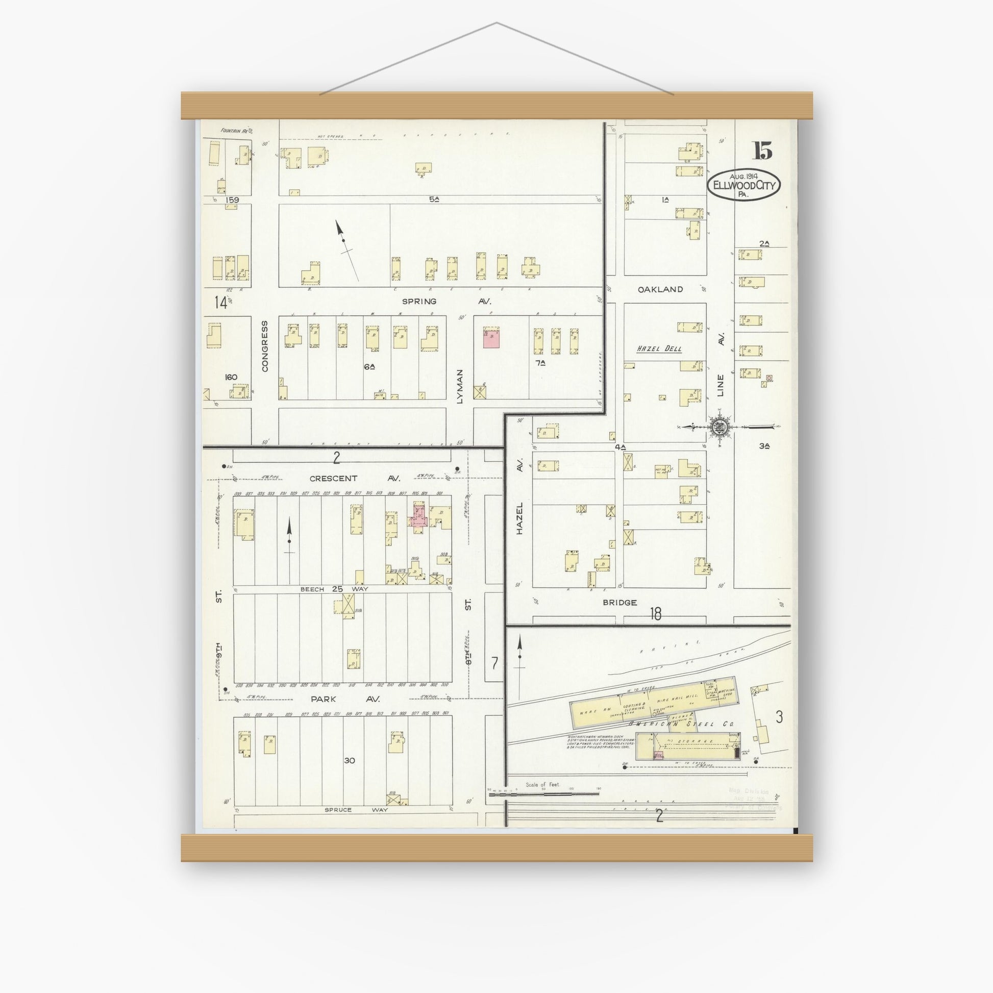 Old map wall art mockup — magnetic wood frame on white wall — Sanborn Fire Insurance Map from Ellwood City, Lawrence County, Pennsylvania (1914), Sheet #0015