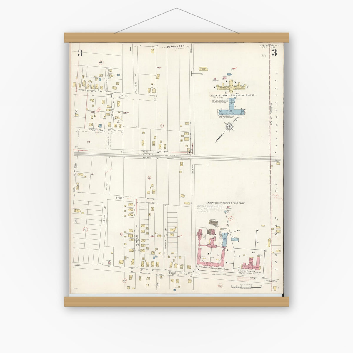 Old map wall art mockup — magnetic wood frame on white wall — Sanborn Fire Insurance Map from Northfield, Atlantic County, New Jersey (1942), Sheet #0003