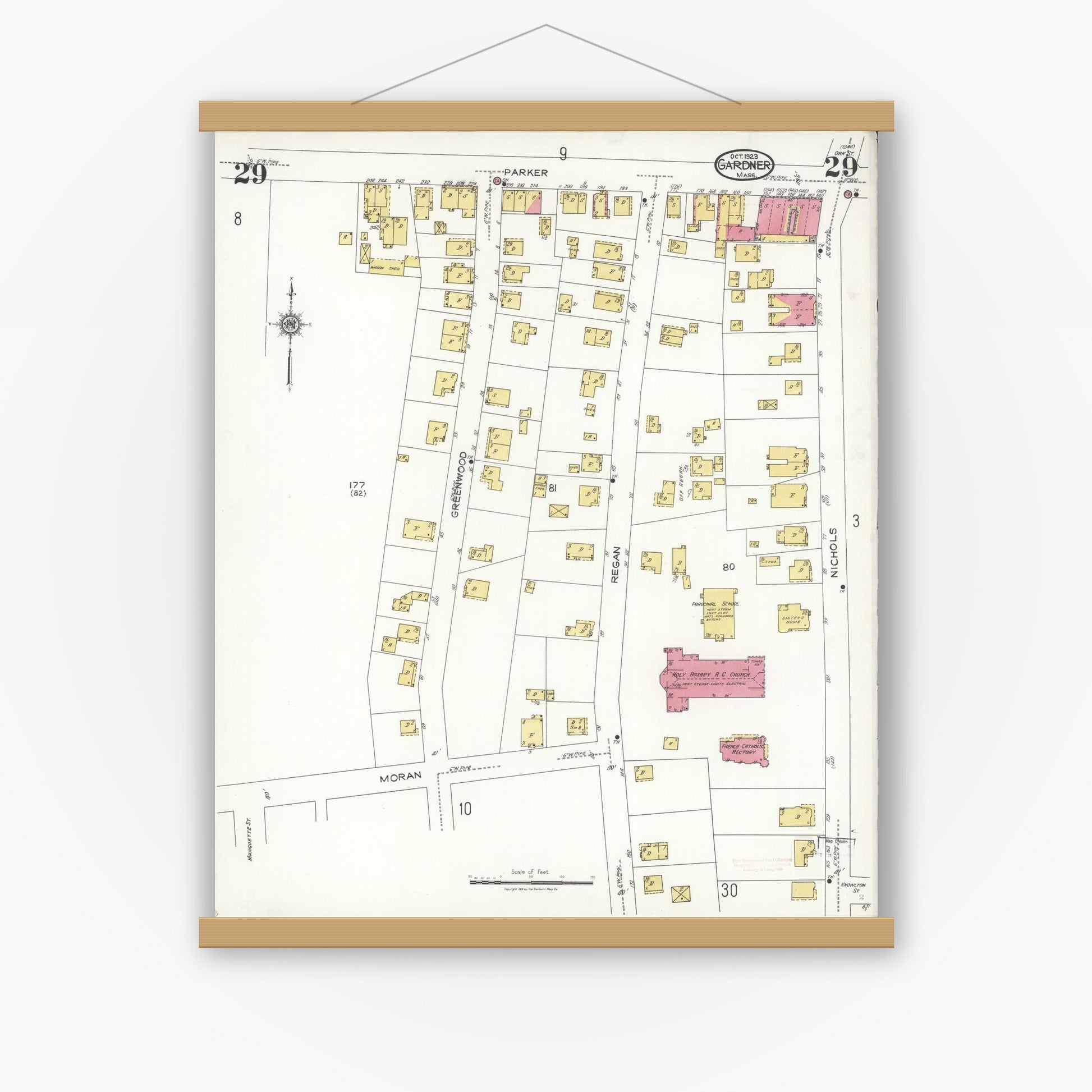 Old map wall art mockup — magnetic wood frame on white wall — Sanborn Fire Insurance Map from Gardner, Worcester County, Massachusetts (1923), Sheet #0029