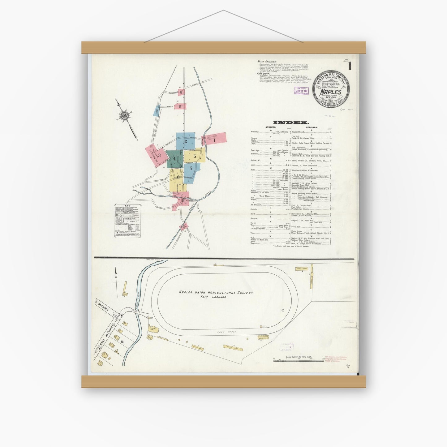 Old map wall art mockup — magnetic wood frame on white wall — Sanborn Fire Insurance Map from Naples, Ontario County, New York (1911) - Complete Map Set