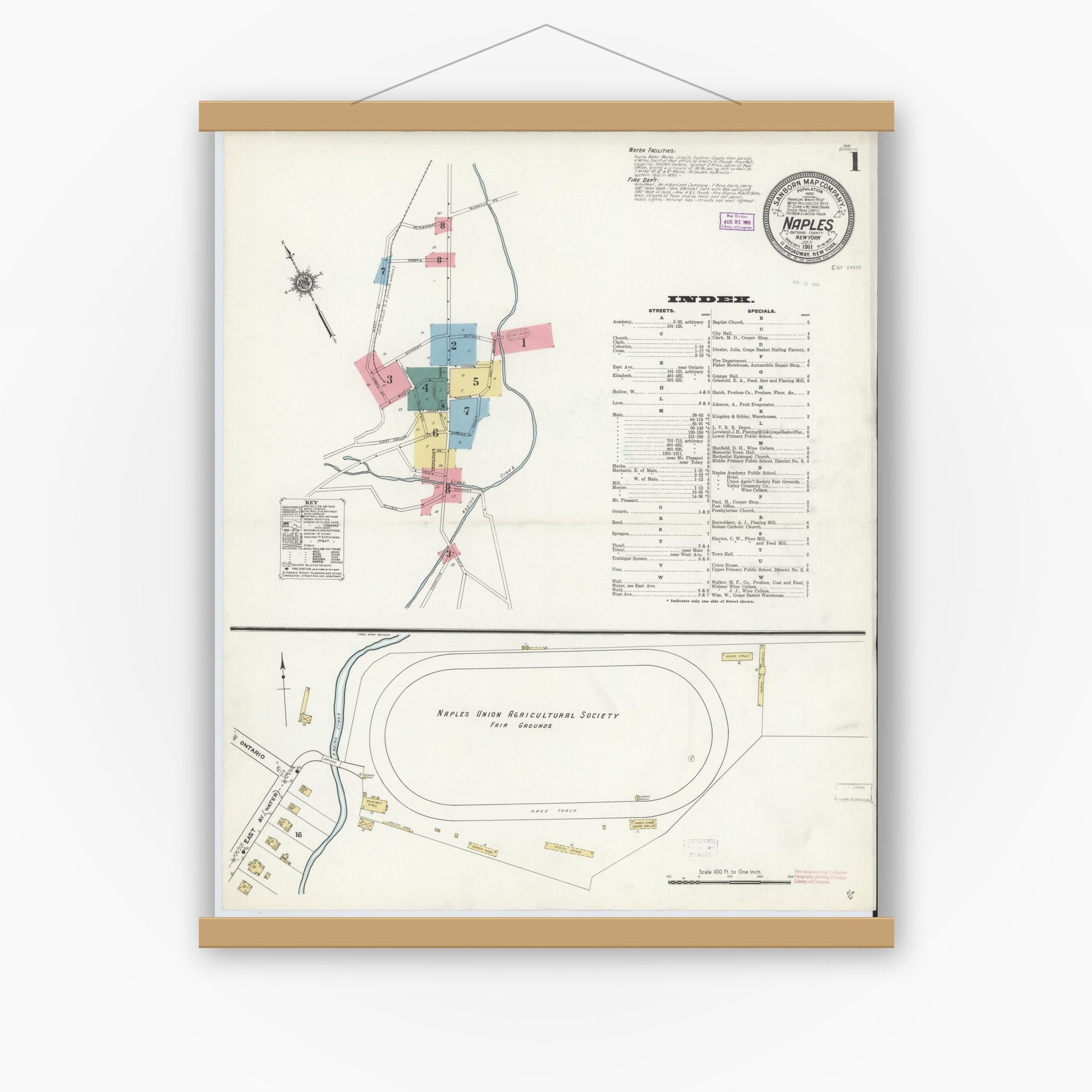 Old map wall art mockup — magnetic wood frame on white wall — Sanborn Fire Insurance Map from Naples, Ontario County, New York (1911) - Complete Map Set